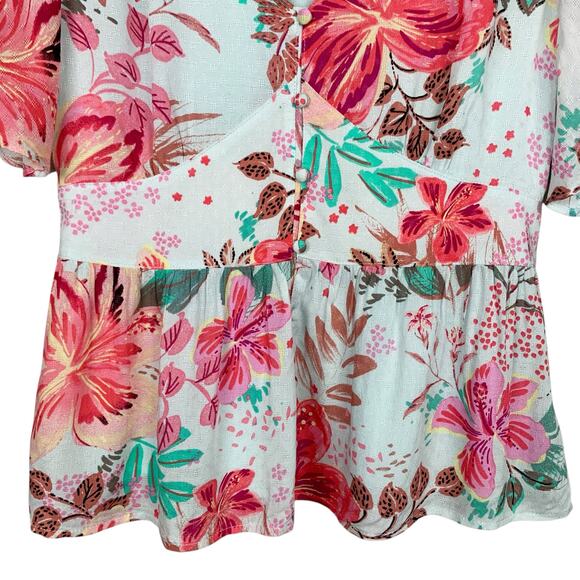 Miss Me Blouse Blue Floral Top Button Front Short Flutter Sleeve Women's M - Picture 4 of 7